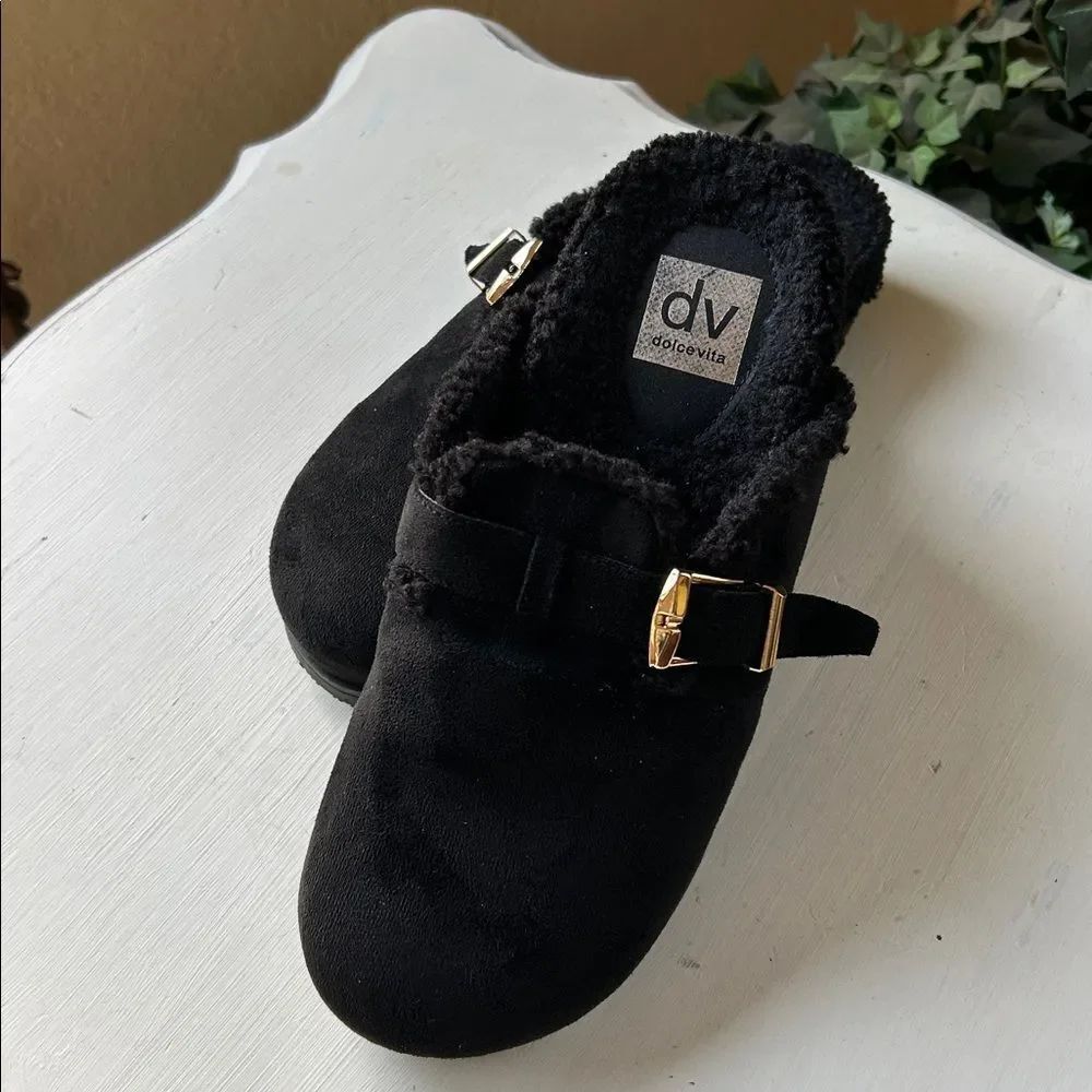 Dolce Vita Kids Black Faux-Suede Shearling Slip-On Clog with Gold Buckles
